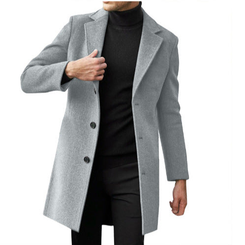 Manteau mi-long en laine à manches longues pour homme, idéal pour l'automne et l'hiver.