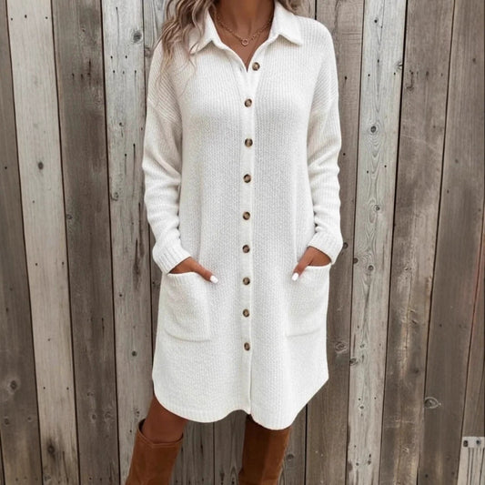 Robe cardigan à manches longues boutonnée unie en maille avec poches