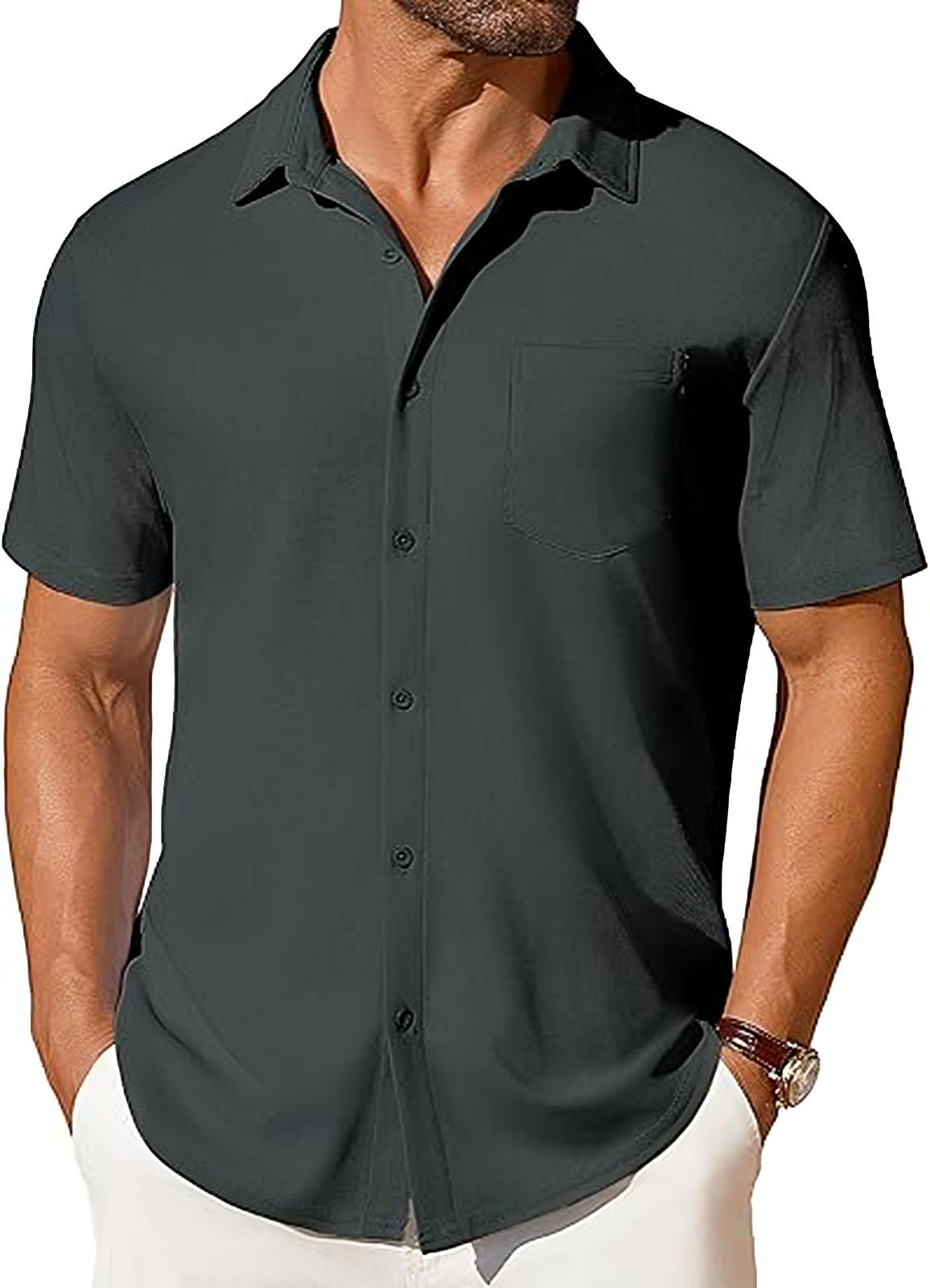 Chemise à manches courtes pour homme, boutonnée, infroissable et indéformable