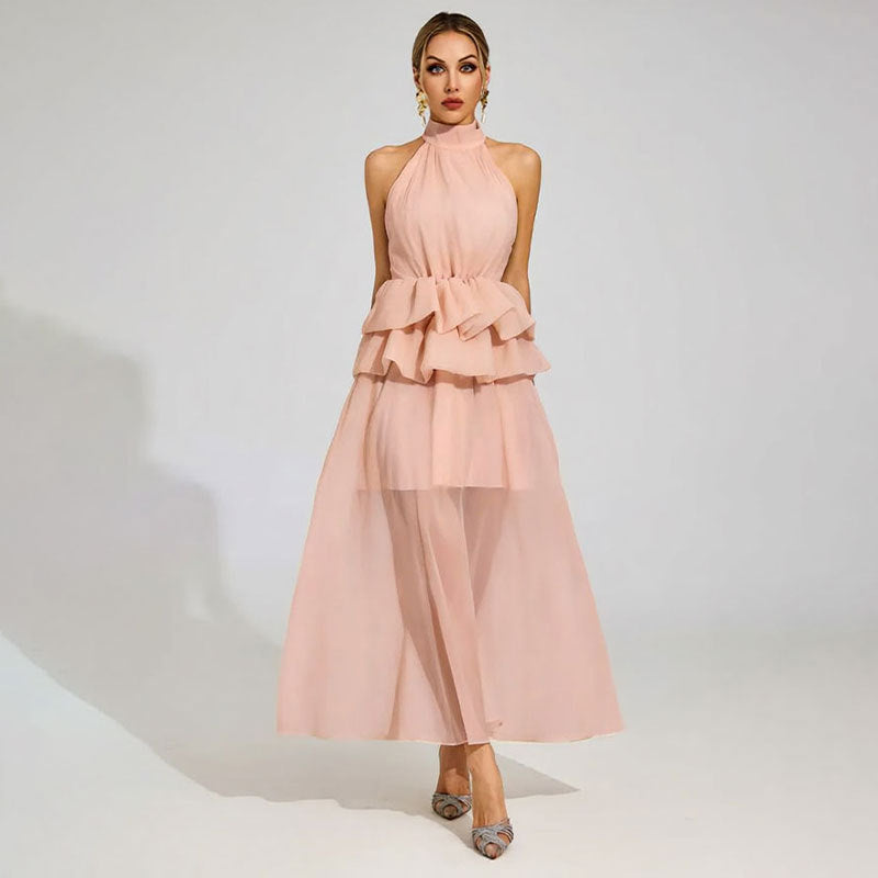 Robe de mariée fluide à volants et col halter