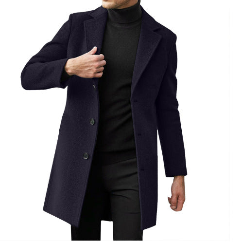 Manteau mi-long en laine à manches longues pour homme, idéal pour l'automne et l'hiver.