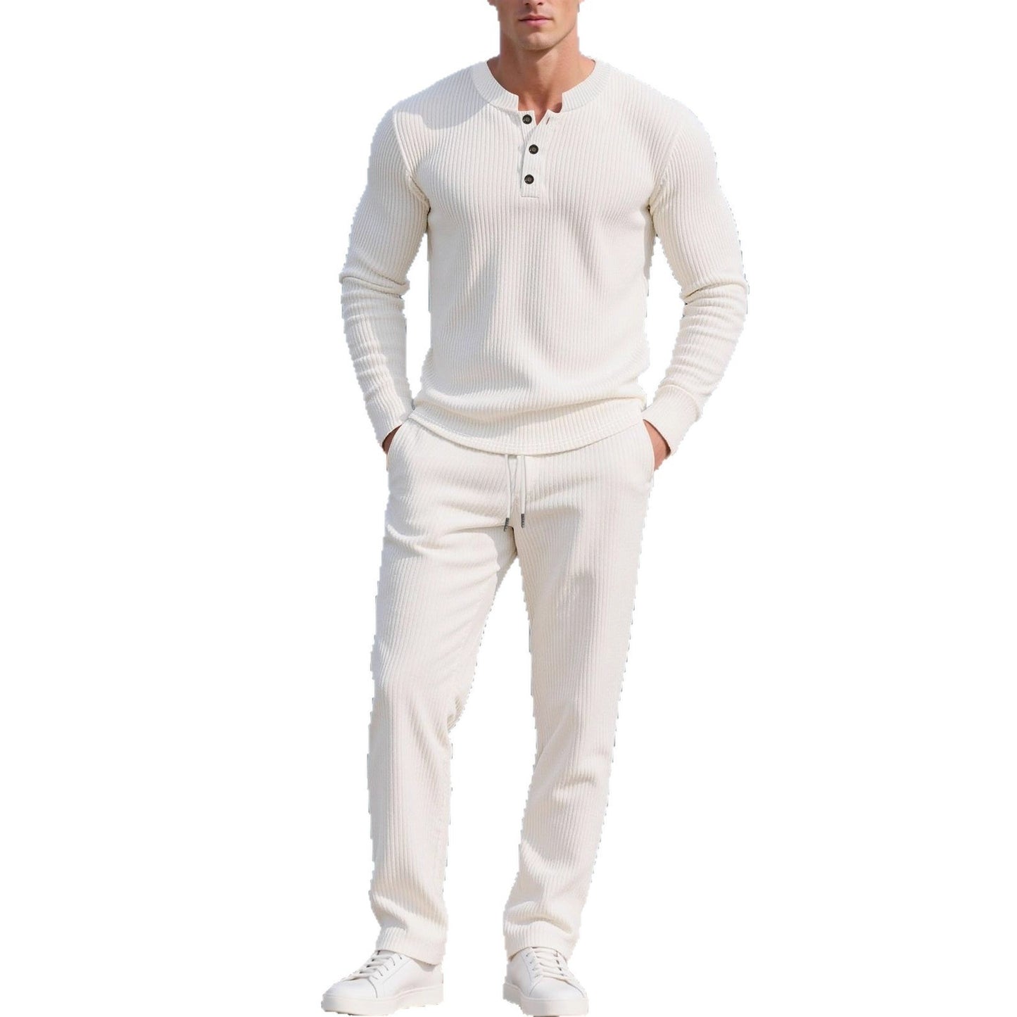 Ensemble pantalon et chemise à manches longues pour homme, couleur unie décontractée, col rond et boutons