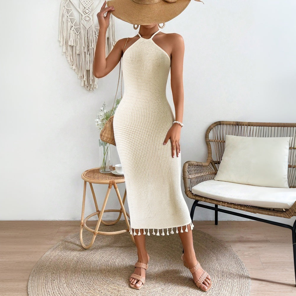 Robe dos nu à lacets et pompons, couleur unie, pour femme