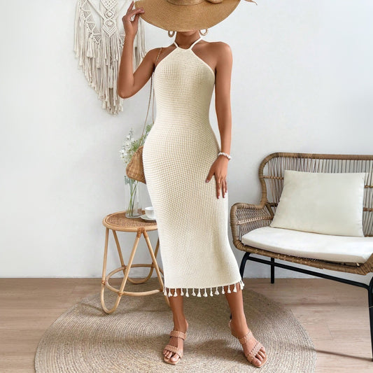 Robe dos nu à lacets et pompons, couleur unie, pour femme