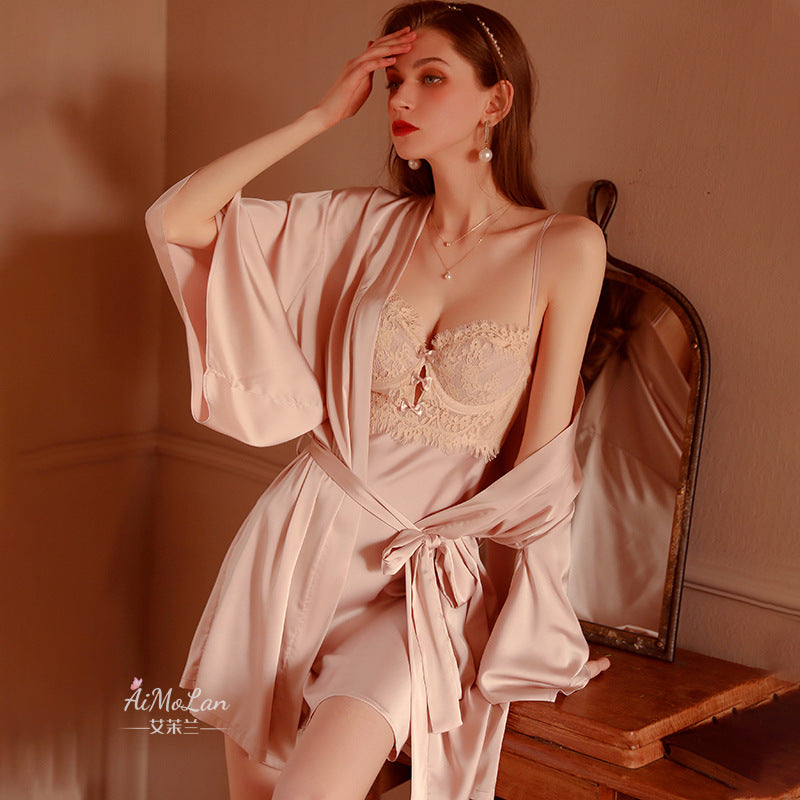 Ensemble peignoir et débardeur à armatures en dentelle et soie glacée pour femmes grandes tailles