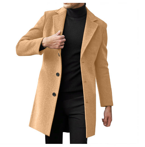 Manteau mi-long en laine à manches longues pour homme, idéal pour l'automne et l'hiver.