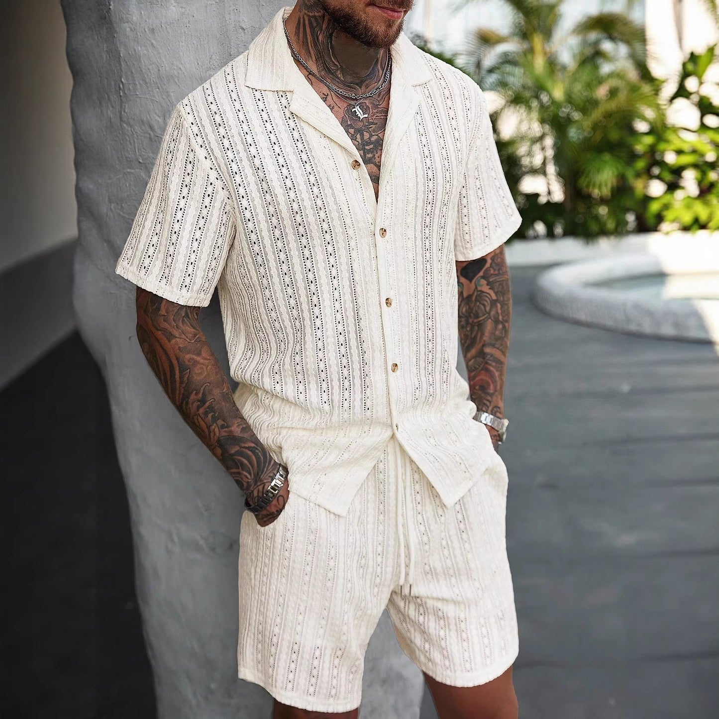Ensemble chemise à manches courtes et short respirant ajouré pour homme