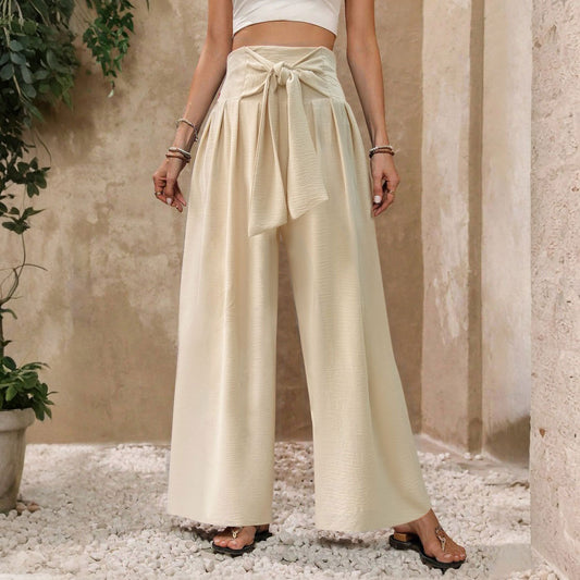 Pantalon ample fluide à taille haute et ceinture à nouer sur le devant, couleur unie, pour femme