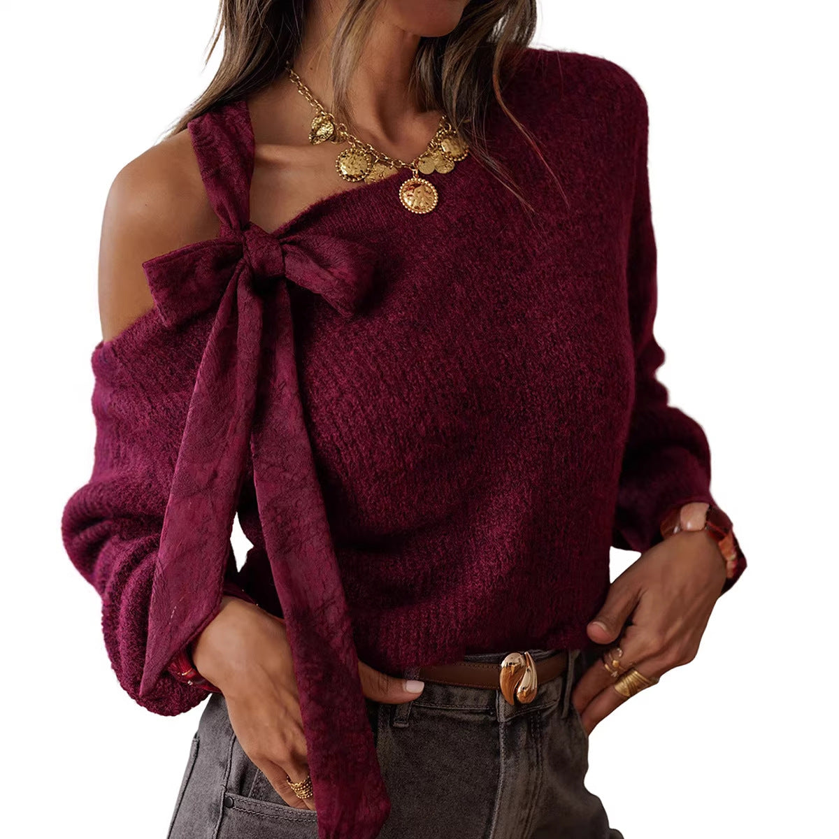 Pull uni intemporel pour femme, style européen et américain, qui rajeunit le visage.