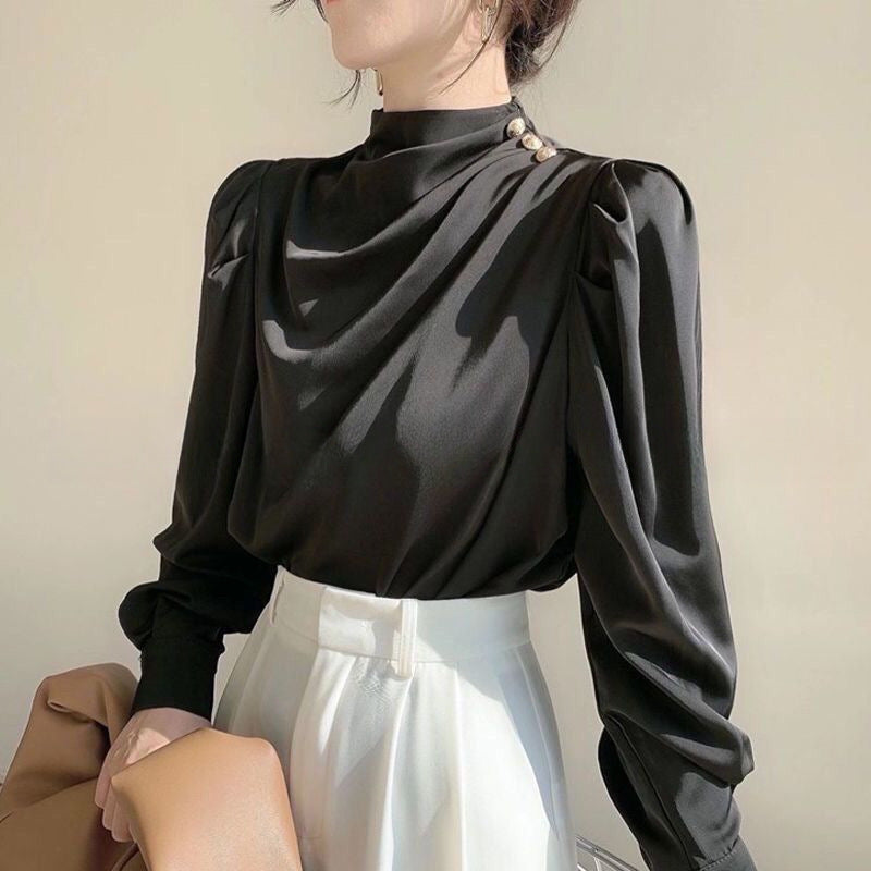 Chemise rétro style hongkongais avec une touche de créateur, haut professionnel en acétate satiné pour l'automne