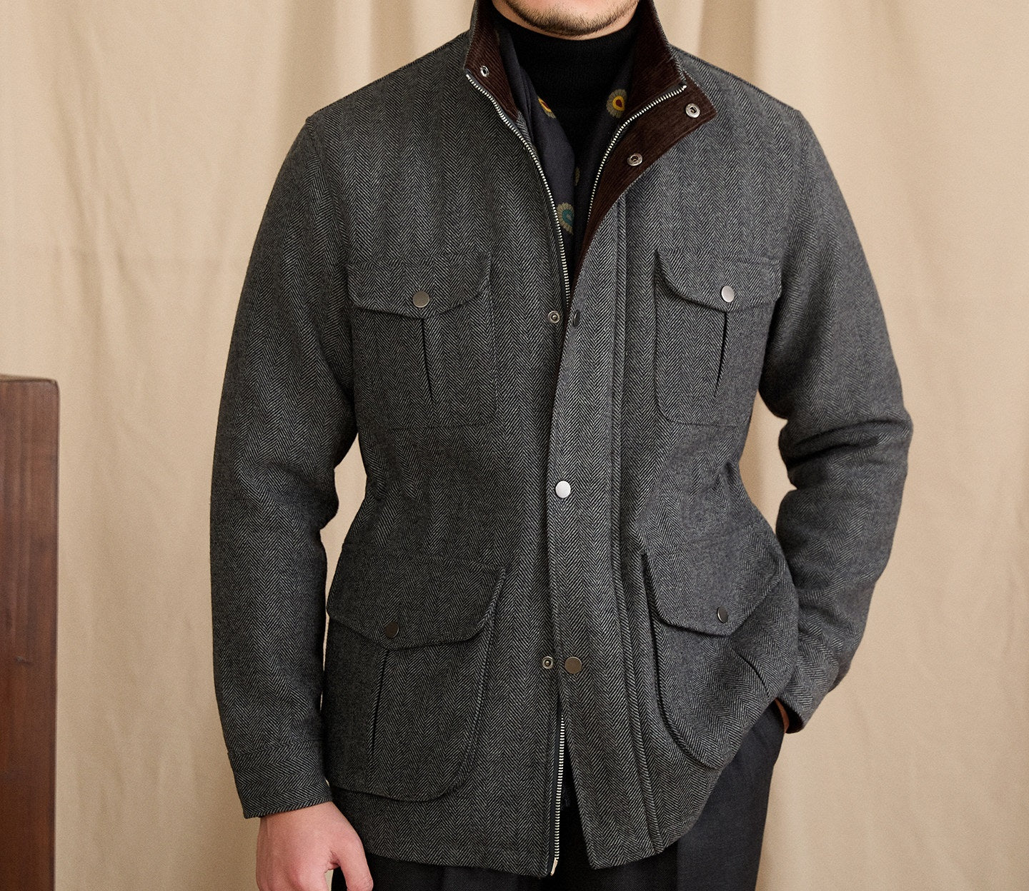 Thick Mens Italian-style Thermal Jacket With A Stand-up Collar
