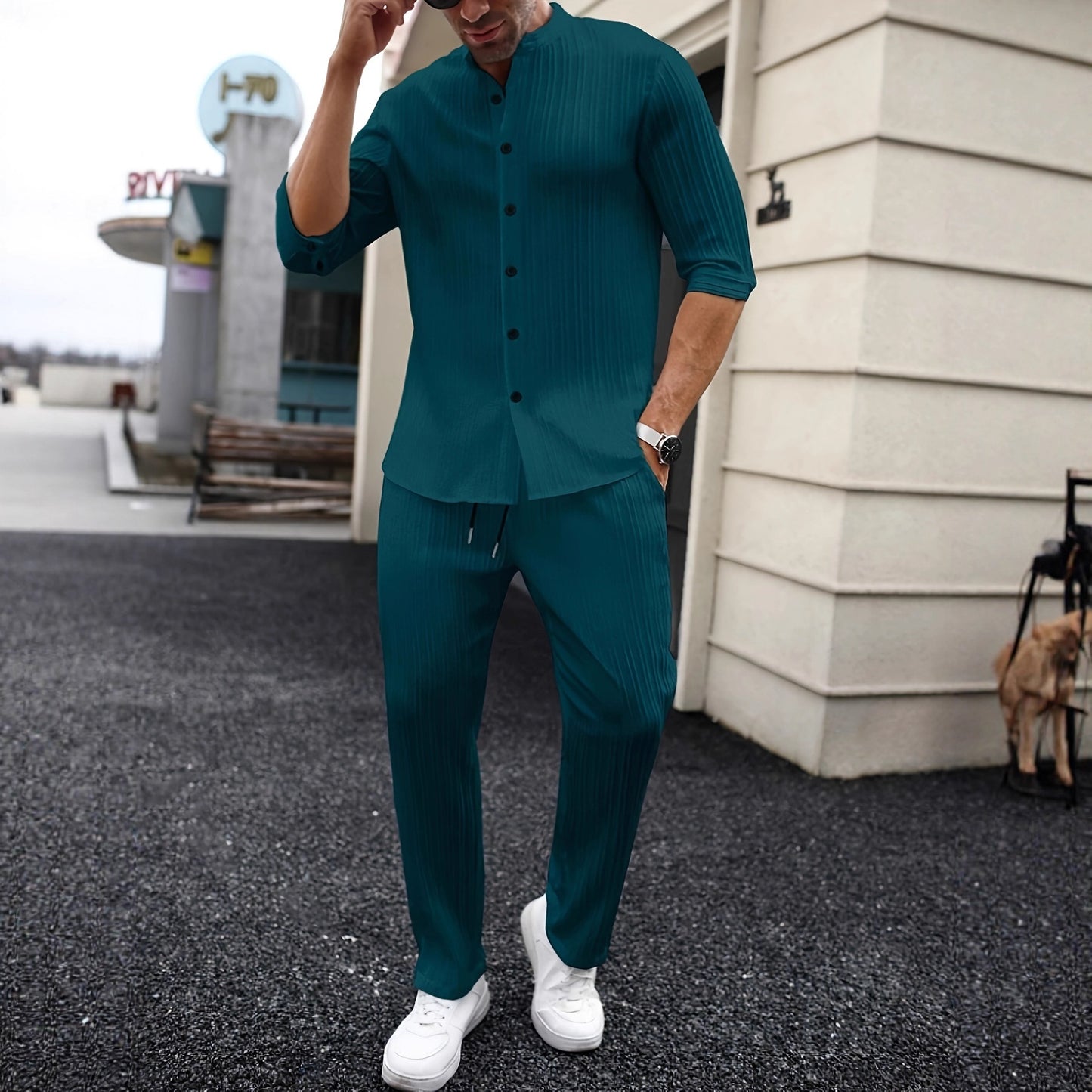 Ensemble chemise et pantalon uni pour homme, printemps-été