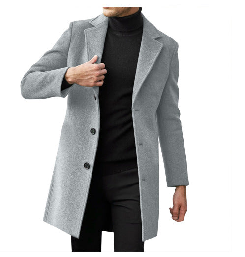 Manteau mi-long en laine à manches longues pour homme, idéal pour l'automne et l'hiver.